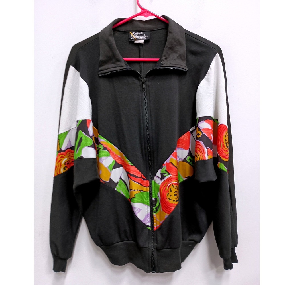 Silver Threads Vintage Track Jacket Womens Small Black Floral Full Zip‎ Grunge